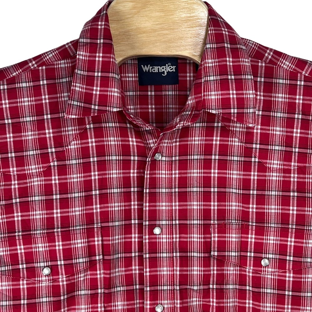 Wrangler Men XL Pearl Snap Red Plaid Western Cotton Blend Long Sleeve Shirt